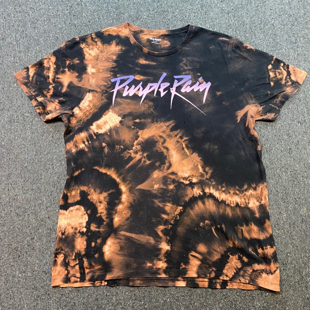 Old Navy Purple Rain TShirt Sz XL Mens Black Orange Bleach Tie Dye Grunge Prince